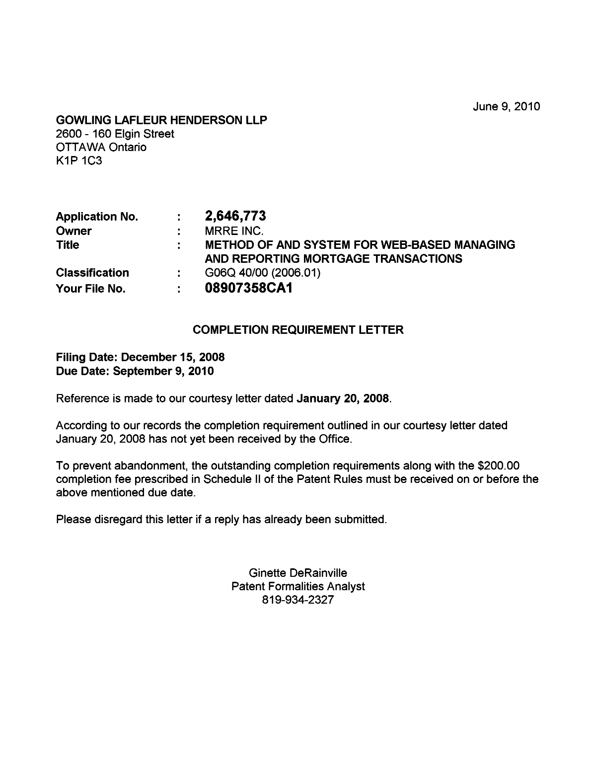 Document de brevet canadien 2646773. Correspondance 20100609. Image 1 de 1
