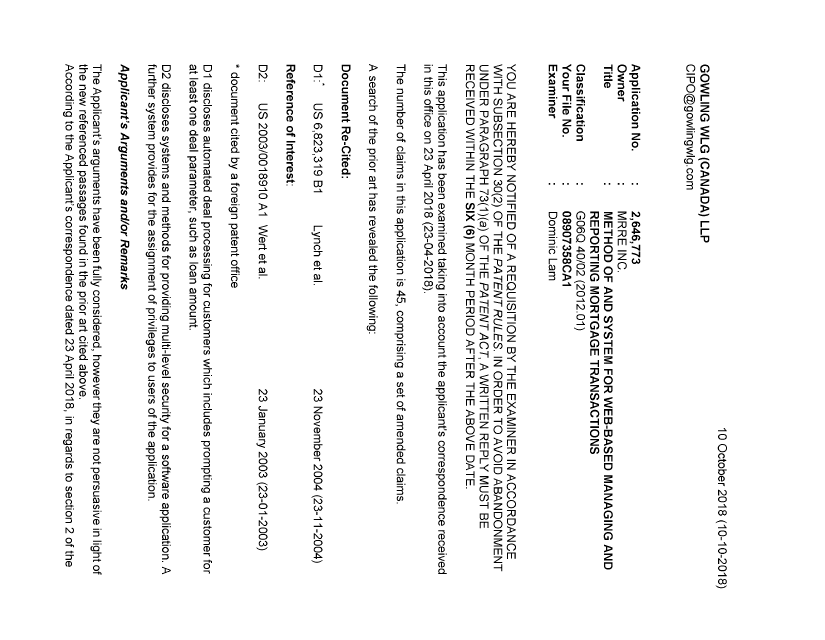 Document de brevet canadien 2646773. Demande d'examen 20181010. Image 1 de 8