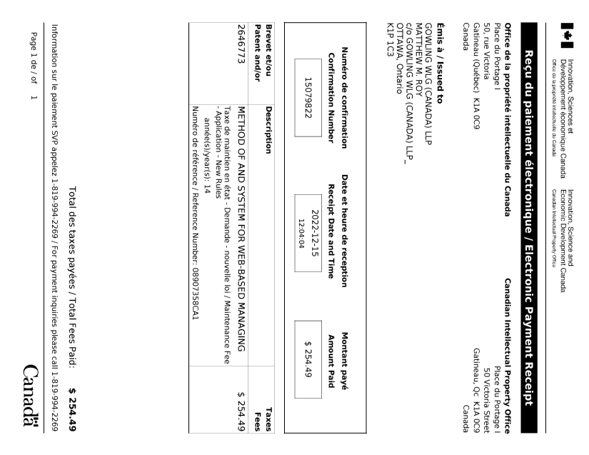 Document de brevet canadien 2646773. Paiement de taxe périodique 20221215. Image 1 de 1