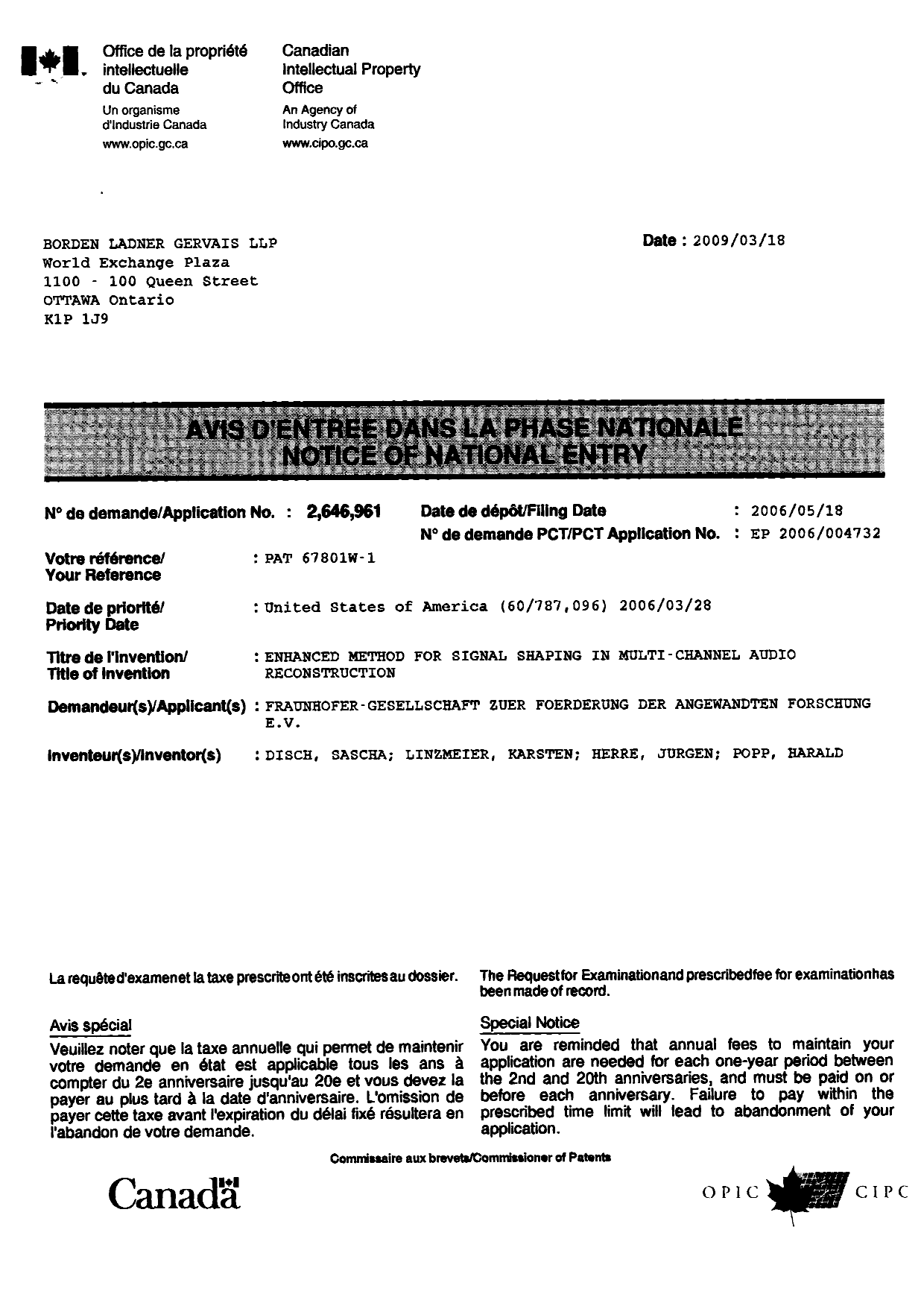 Canadian Patent Document 2646961. Correspondence 20090702. Image 2 of 2