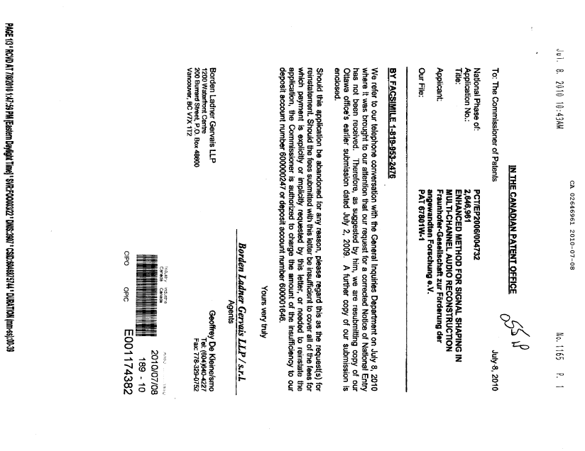 Document de brevet canadien 2646961. Correspondance 20100708. Image 1 de 3