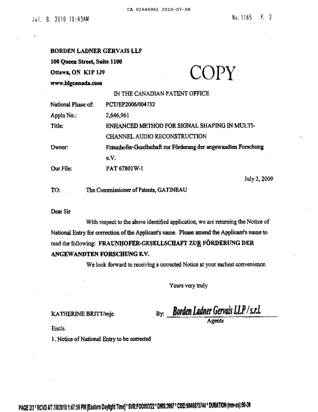 Document de brevet canadien 2646961. Correspondance 20100708. Image 2 de 3