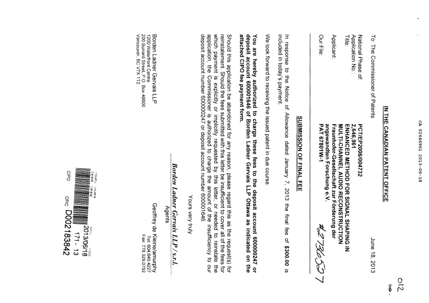 Document de brevet canadien 2646961. Correspondance 20130618. Image 1 de 1