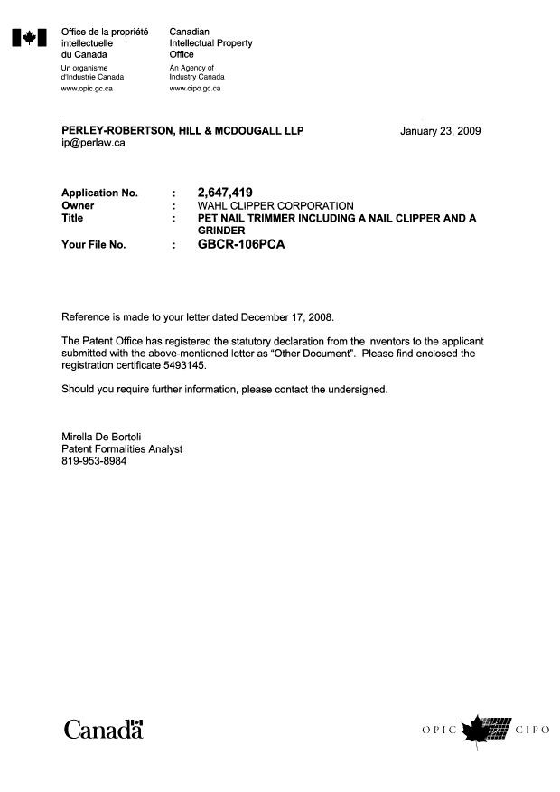 Document de brevet canadien 2647419. Correspondance 20090123. Image 1 de 1