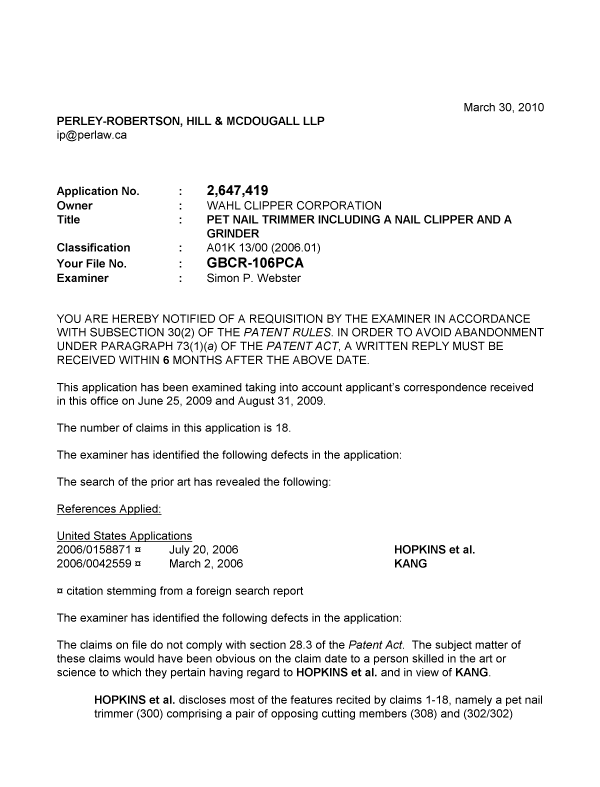 Document de brevet canadien 2647419. Poursuite-Amendment 20100330. Image 1 de 2