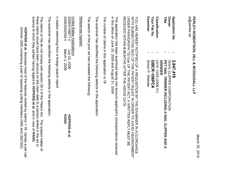 Canadian Patent Document 2647419. Prosecution-Amendment 20100330. Image 1 of 2