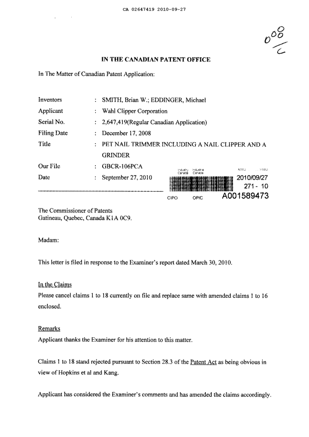 Canadian Patent Document 2647419. Prosecution-Amendment 20100927. Image 1 of 10