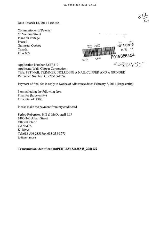 Canadian Patent Document 2647419. Correspondence 20110315. Image 1 of 1