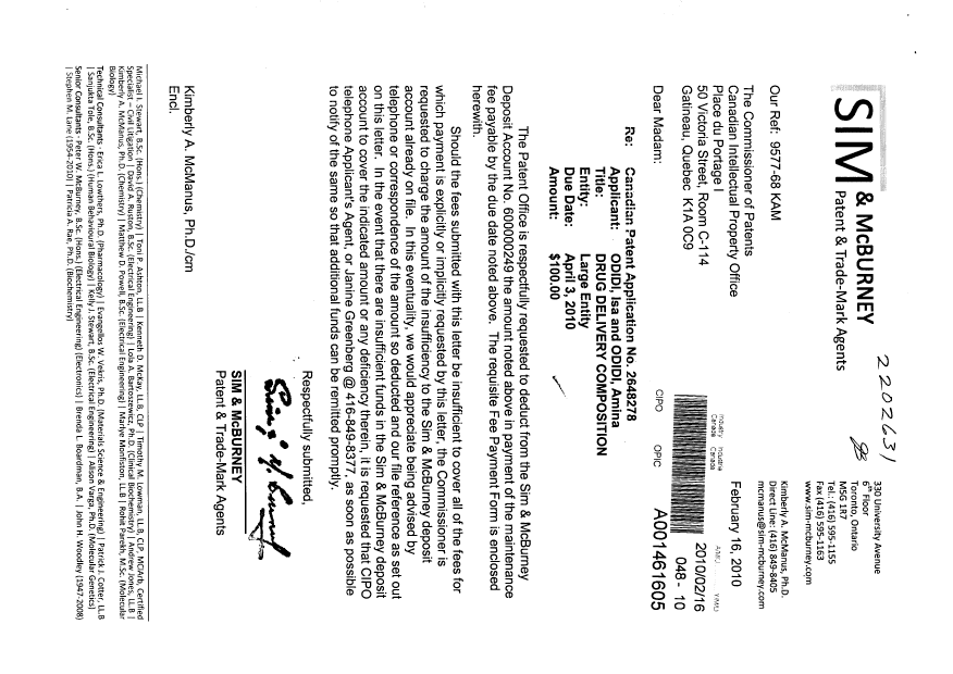 Document de brevet canadien 2648278. Taxes 20100216. Image 1 de 1