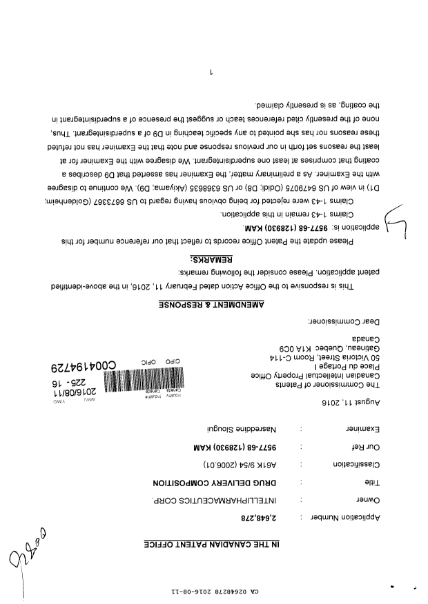 Canadian Patent Document 2648278. Amendment 20160811. Image 1 of 3