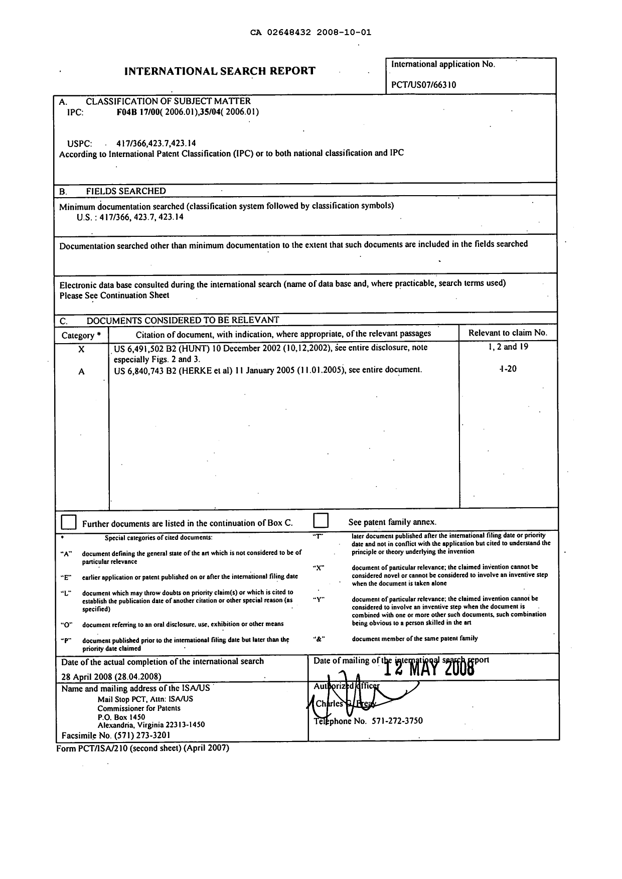 Document de brevet canadien 2648432. PCT 20081001. Image 1 de 5