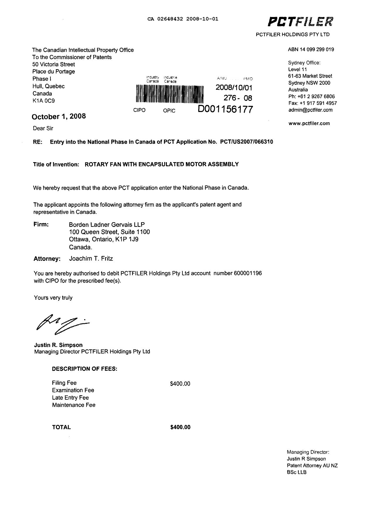 Document de brevet canadien 2648432. Cession 20081001. Image 1 de 2