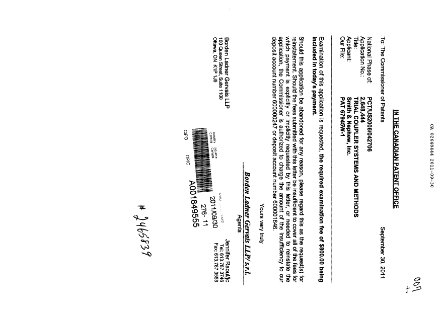 Document de brevet canadien 2648444. Poursuite-Amendment 20110930. Image 1 de 1