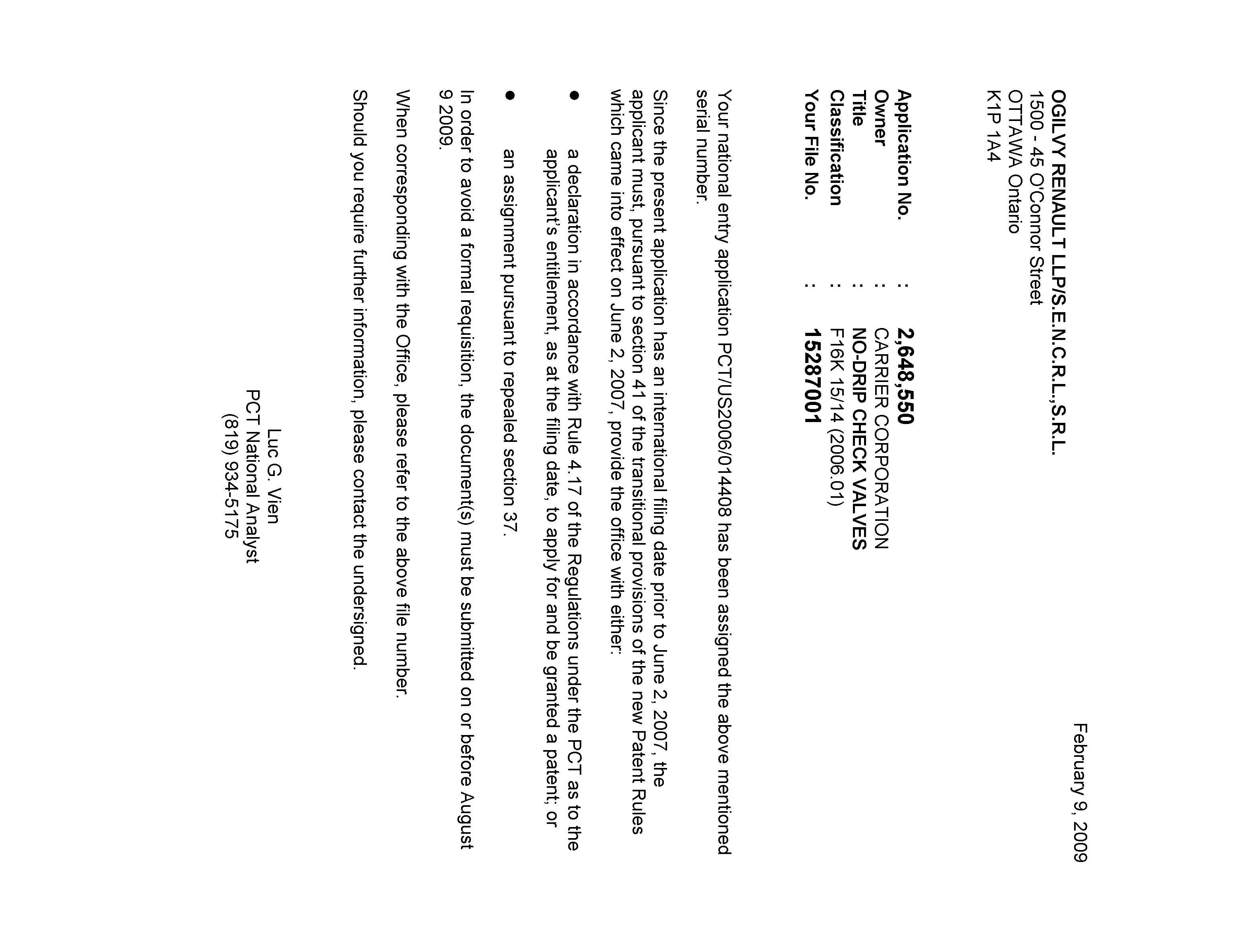 Document de brevet canadien 2648550. Correspondance 20081209. Image 1 de 1