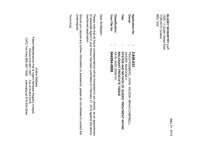 Document de brevet canadien 2648633. Correspondance 20140521. Image 1 de 1