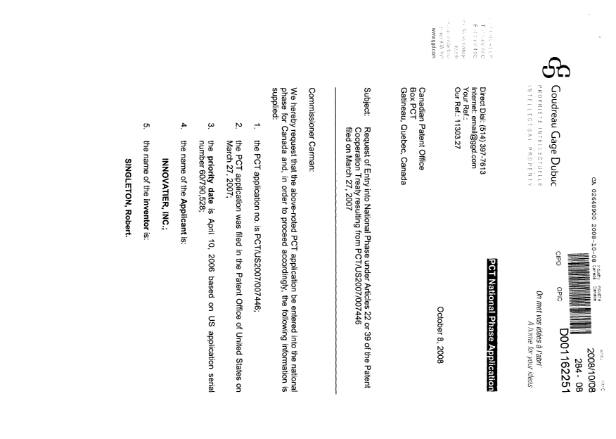 Document de brevet canadien 2648900. Cession 20081008. Image 1 de 8