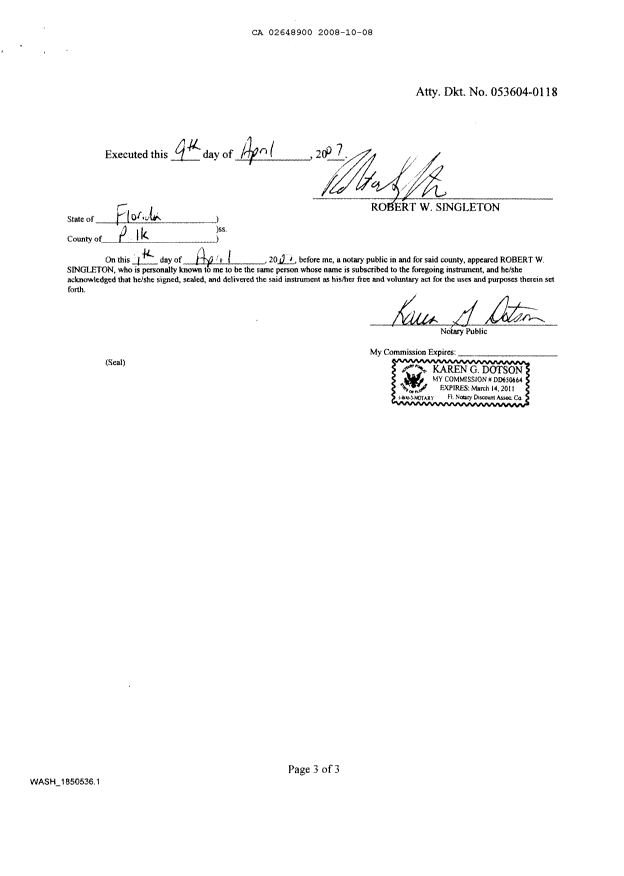 Document de brevet canadien 2648900. Cession 20081008. Image 8 de 8