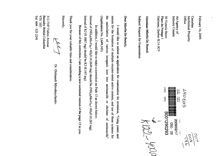 Document de brevet canadien 2649145. Correspondance 20081217. Image 1 de 2