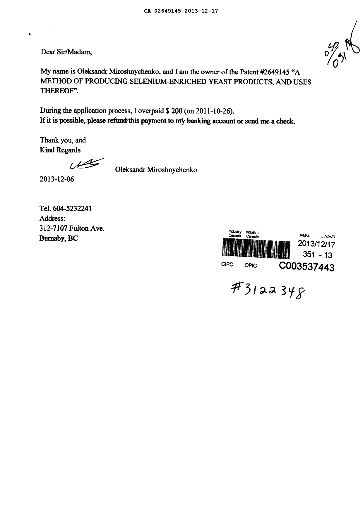 Canadian Patent Document 2649145. Fees 20131217. Image 1 of 1