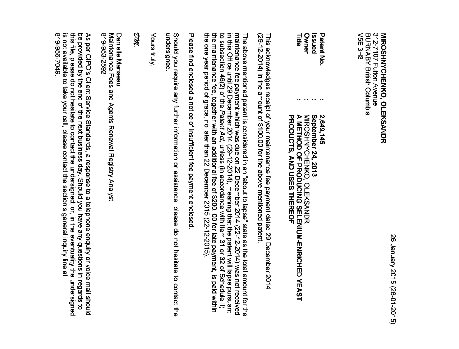 Document de brevet canadien 2649145. Correspondance 20141226. Image 1 de 1