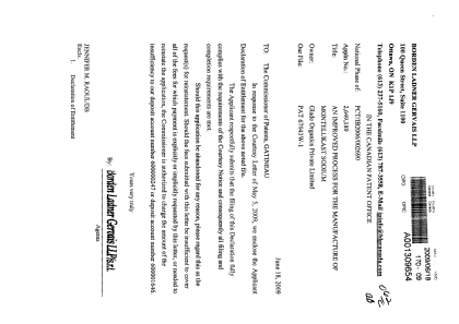 Document de brevet canadien 2649189. Correspondance 20090618. Image 1 de 2