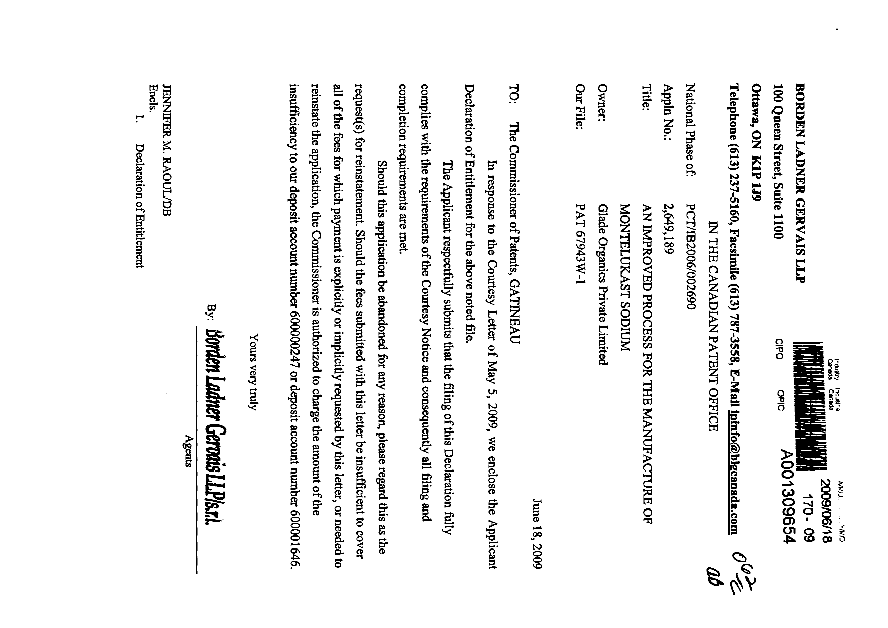 Document de brevet canadien 2649189. Correspondance 20090618. Image 1 de 2