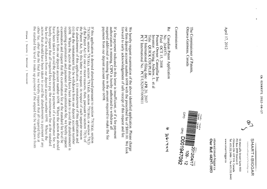 Document de brevet canadien 2649371. Poursuite-Amendment 20120417. Image 1 de 2