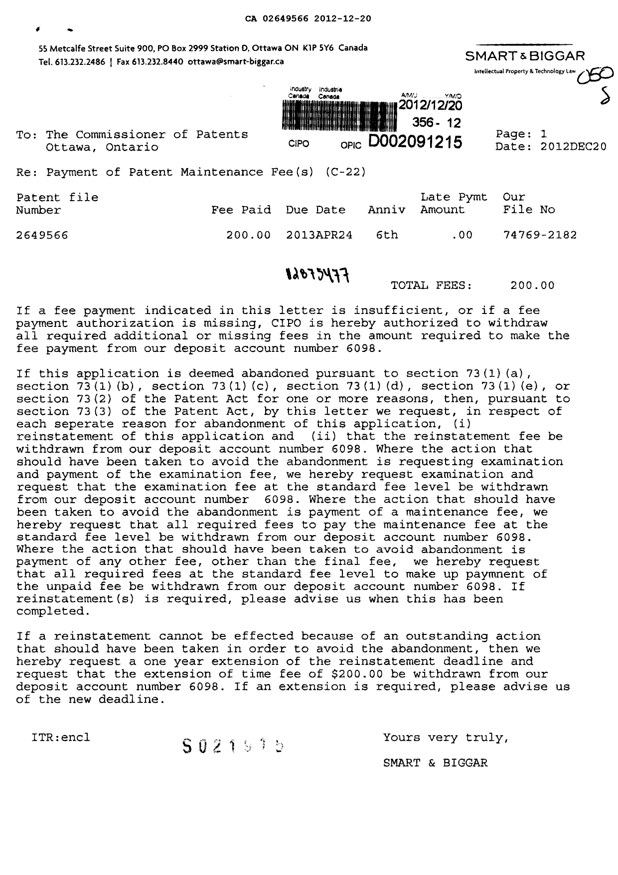 Document de brevet canadien 2649566. Taxes 20121220. Image 1 de 1