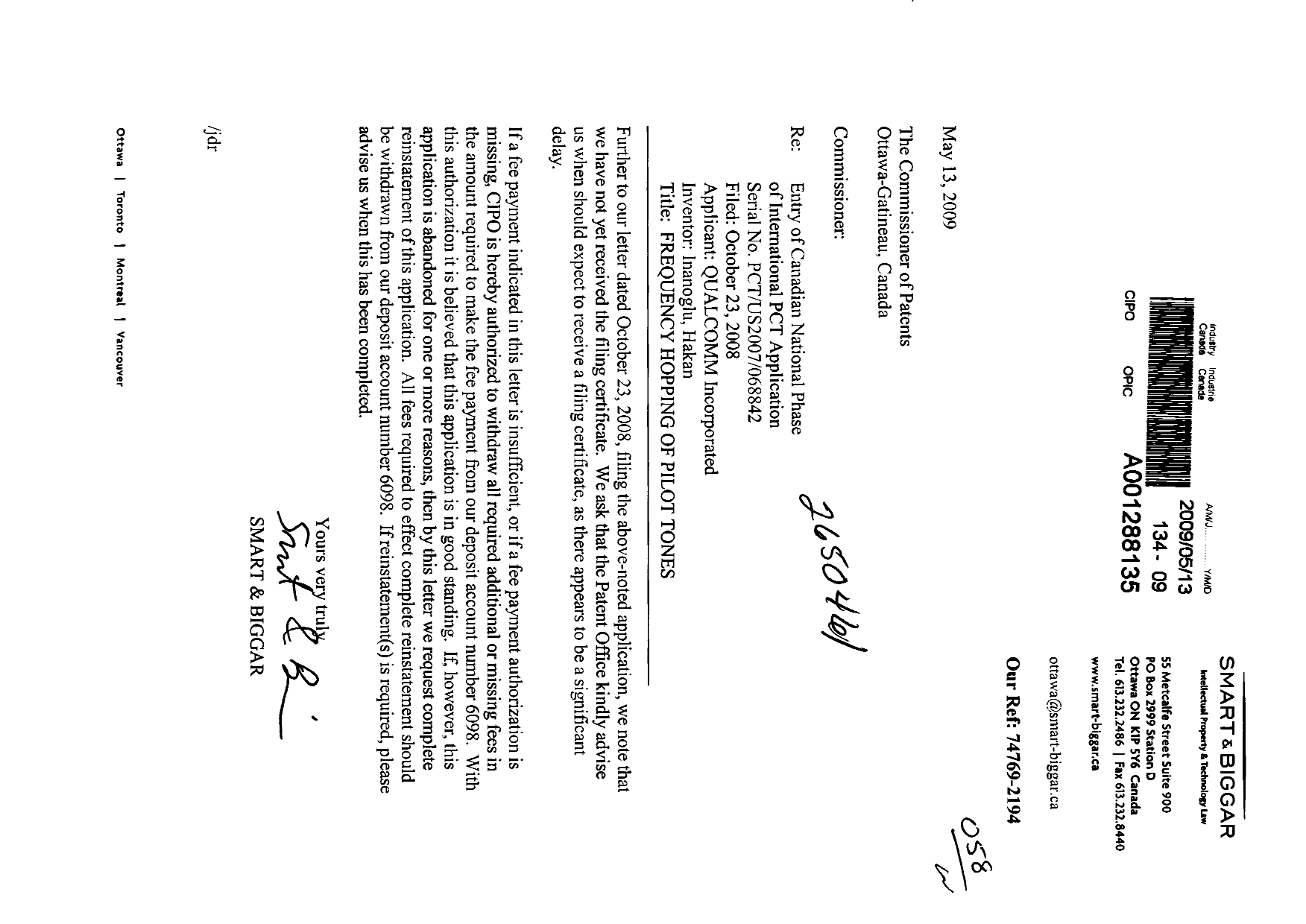 Canadian Patent Document 2650461. Correspondence 20090513. Image 1 of 1