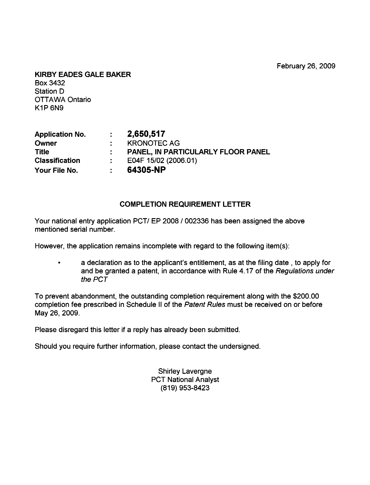 Document de brevet canadien 2650517. Correspondance 20090226. Image 1 de 1