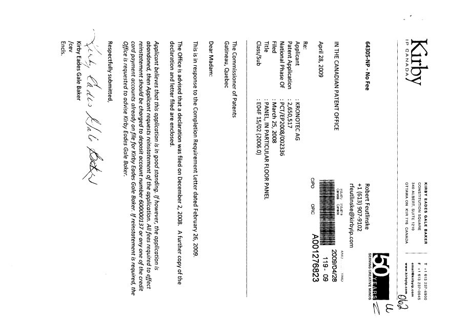 Document de brevet canadien 2650517. Correspondance 20090428. Image 1 de 3