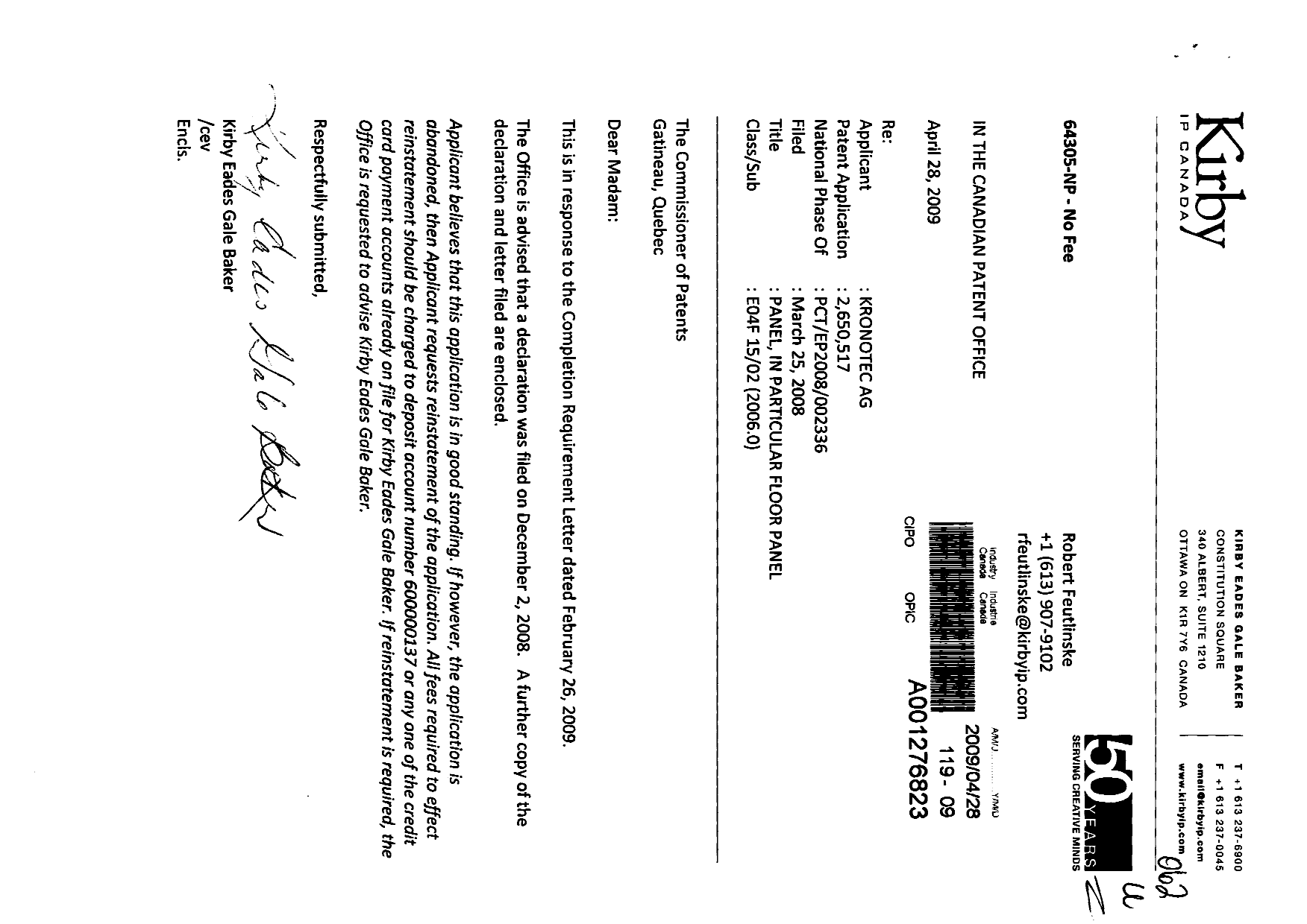 Canadian Patent Document 2650517. Correspondence 20090428. Image 1 of 3