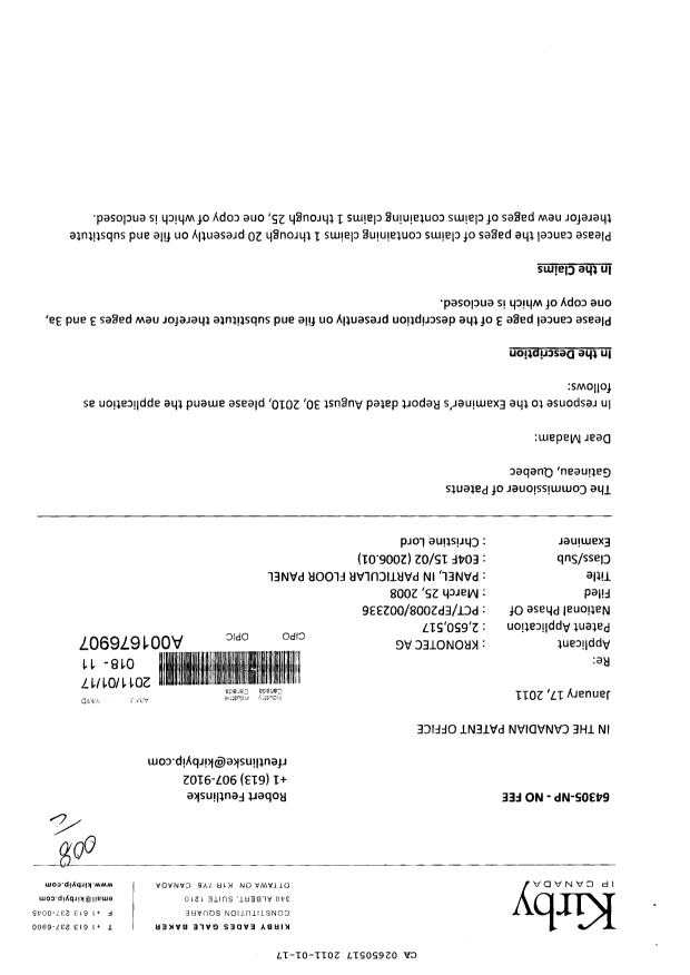 Canadian Patent Document 2650517. Prosecution-Amendment 20110117. Image 1 of 9