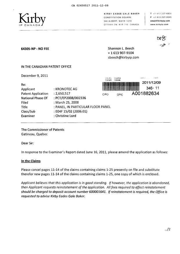 Canadian Patent Document 2650517. Prosecution-Amendment 20111209. Image 1 of 6
