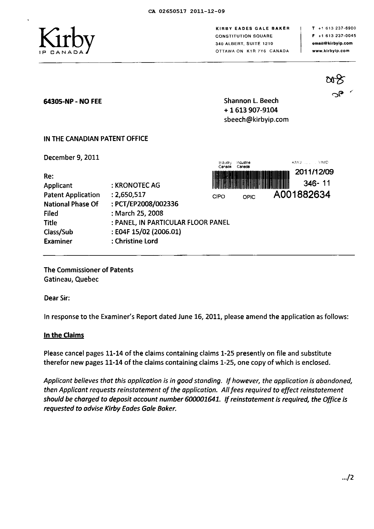 Document de brevet canadien 2650517. Poursuite-Amendment 20111209. Image 1 de 6