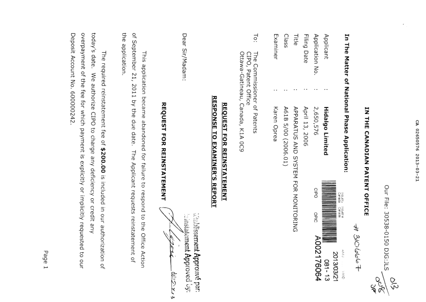 Canadian Patent Document 2650576. Prosecution-Amendment 20130321. Image 1 of 29
