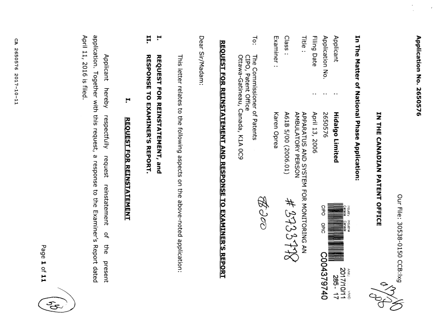 Document de brevet canadien 2650576. Rétablissement 20171011. Image 1 de 58