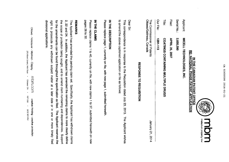 Canadian Patent Document 2650590. Prosecution-Amendment 20140121. Image 2 of 16
