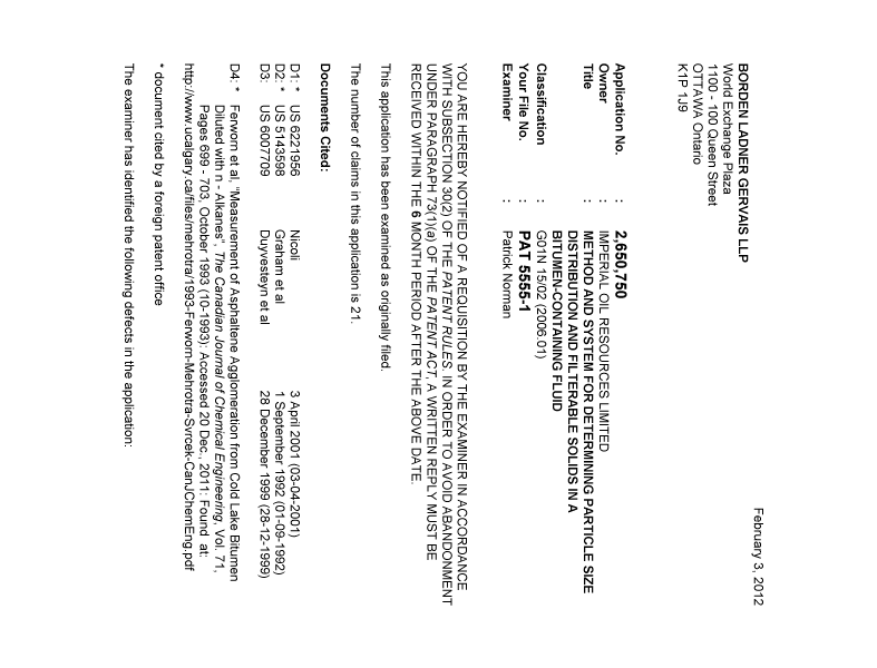 Document de brevet canadien 2650750. Poursuite-Amendment 20120203. Image 1 de 4