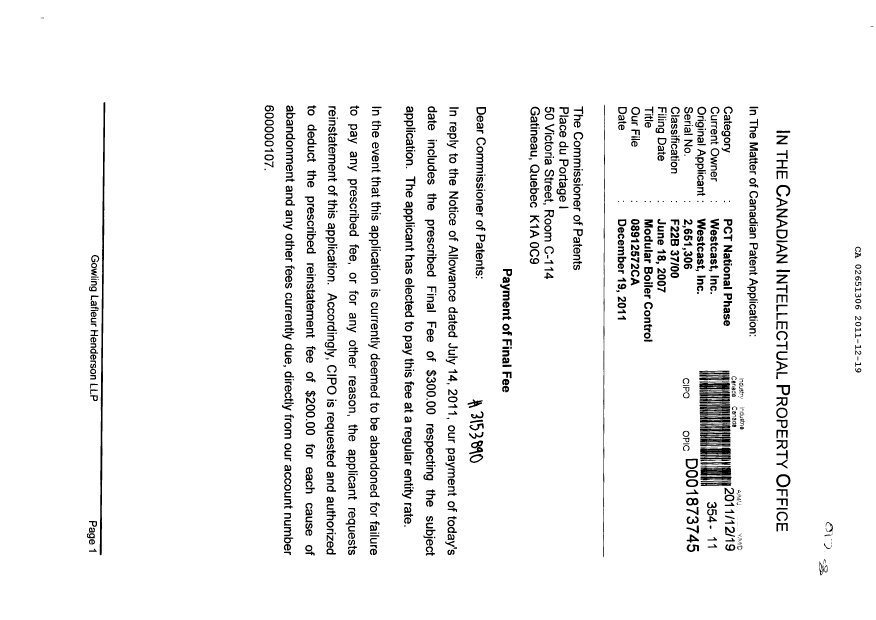 Canadian Patent Document 2651306. Correspondence 20111219. Image 1 of 2