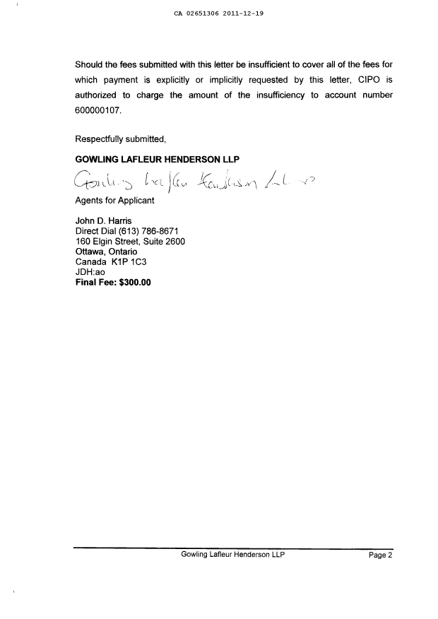Document de brevet canadien 2651306. Correspondance 20111219. Image 2 de 2