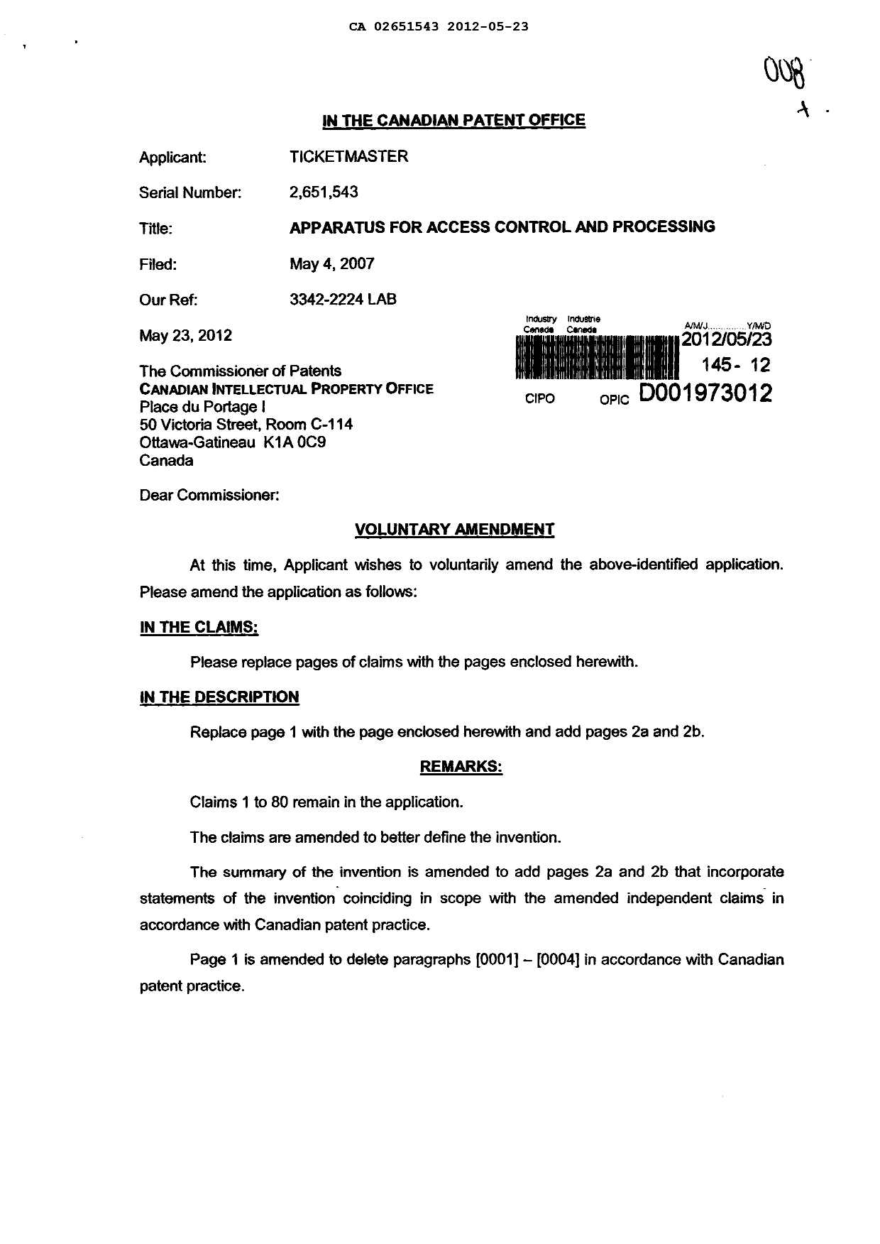 Document de brevet canadien 2651543. Poursuite-Amendment 20120523. Image 1 de 14
