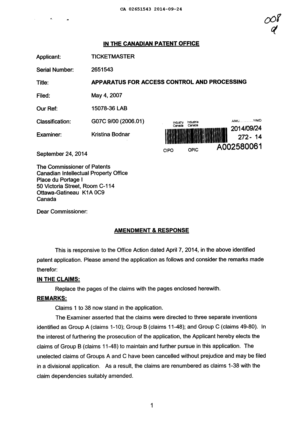 Document de brevet canadien 2651543. Poursuite-Amendment 20140924. Image 1 de 6