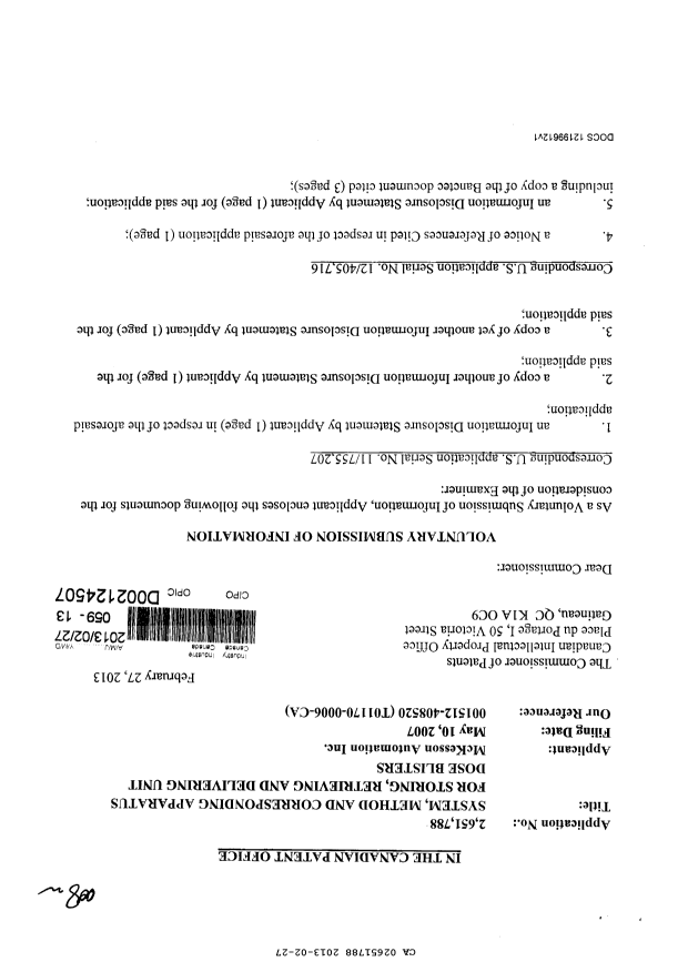 Canadian Patent Document 2651788. Prosecution-Amendment 20130227. Image 1 of 2