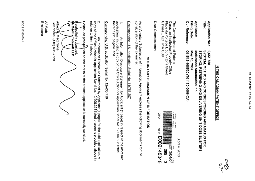 Document de brevet canadien 2651788. Correspondance 20130404. Image 1 de 14