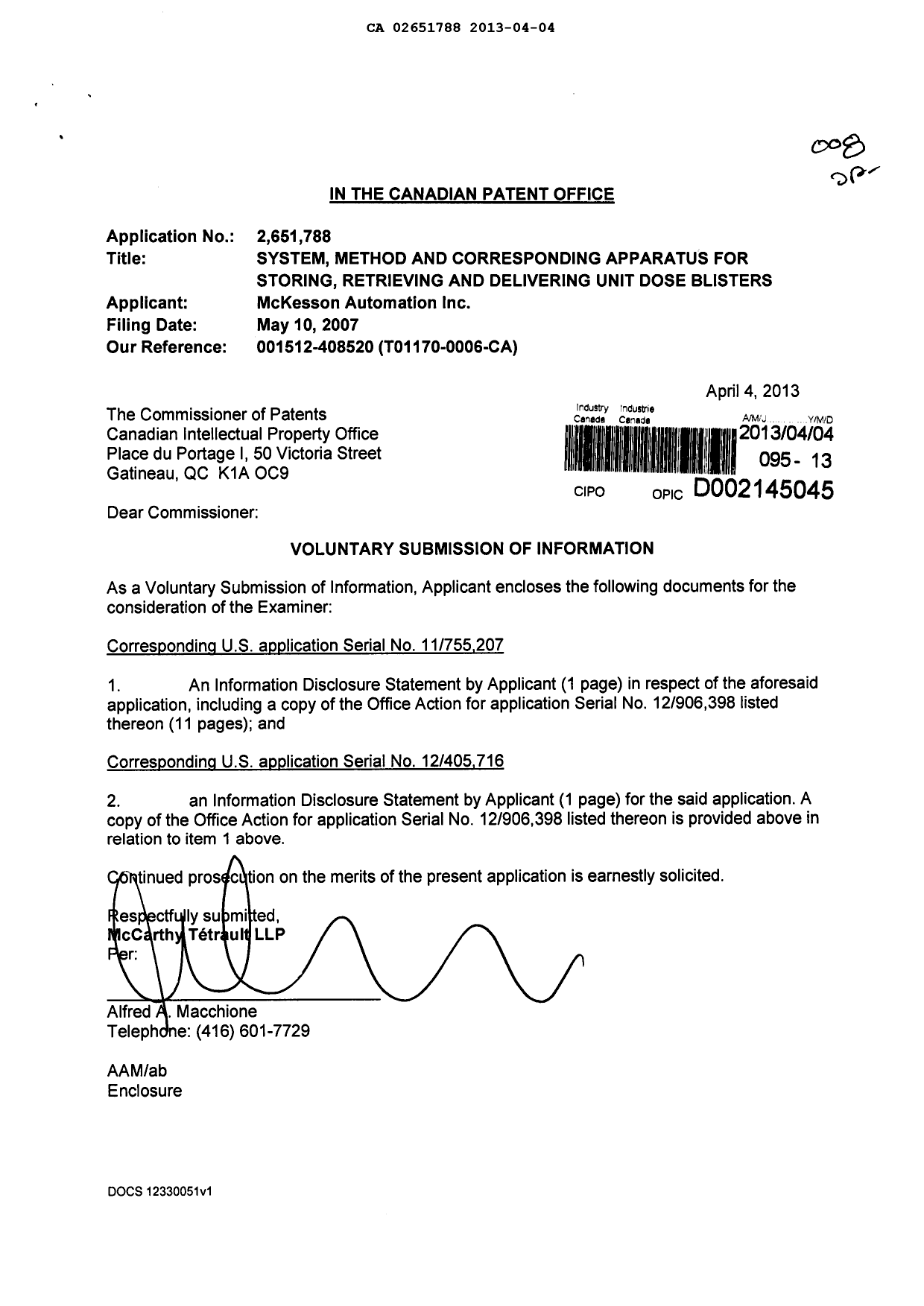 Document de brevet canadien 2651788. Correspondance 20130404. Image 1 de 14