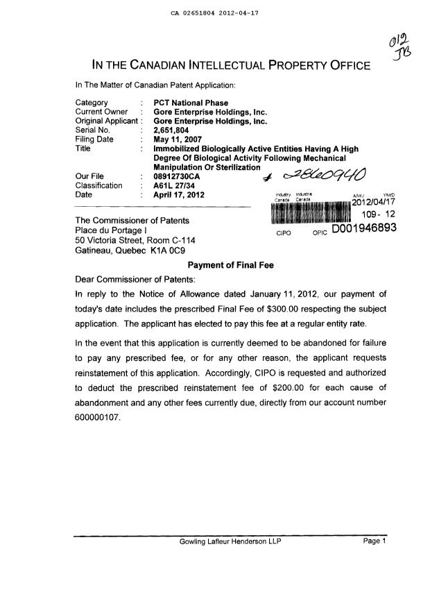 Canadian Patent Document 2651804. Correspondence 20120417. Image 1 of 2