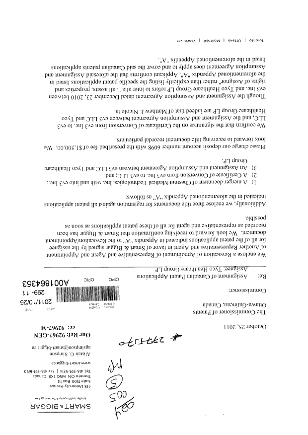Canadian Patent Document 2652176. Correspondence 20111025. Image 1 of 3