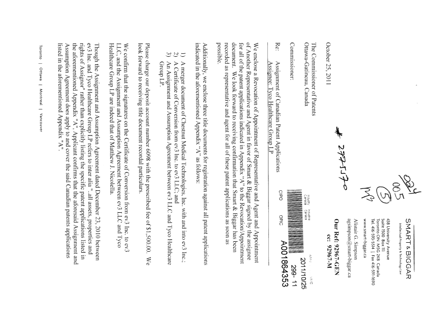 Document de brevet canadien 2652176. Correspondance 20111025. Image 1 de 3