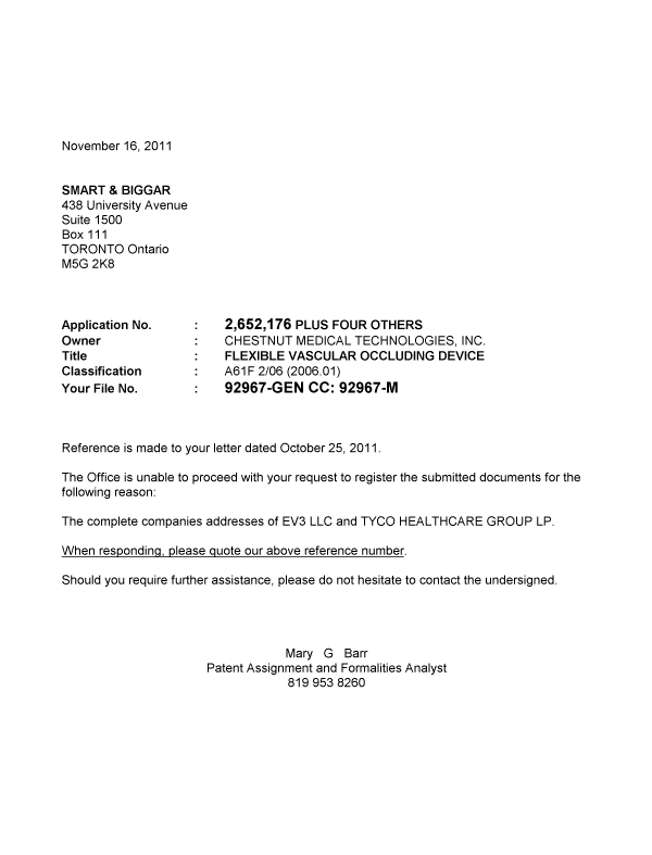 Document de brevet canadien 2652176. Correspondance 20111116. Image 1 de 1